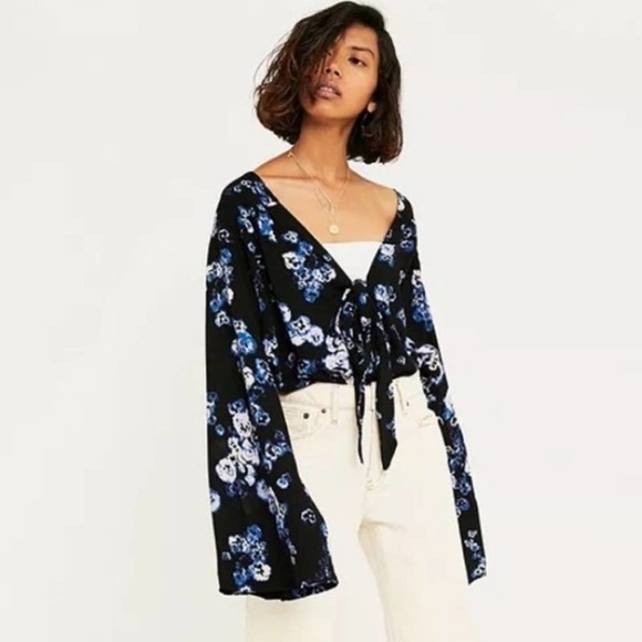 Free People Tops - Intimately Free People Forties Feels Bodysuit S Black Blue Floral Bell‎ Sleeve
